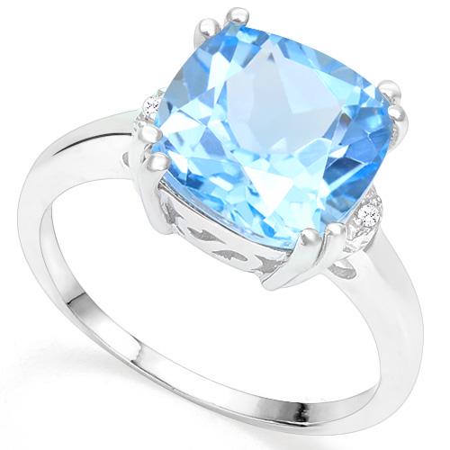 4.6CT Sky Blue Topaz & Diamond Ring in Sterling Silver: Cushion cut 4.6 carat sky blue topaz gemstone set in double prong mounting accented with .01ctw genuine diamonds. Set in platinum over sterling silver, size 7. 3.3g