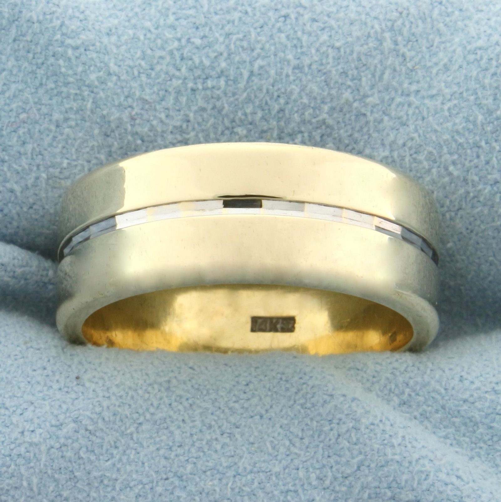 Unique Two Tone Wedding Band Ring in 14k Yellow and White Gold: In 14k Yellow and White Gold. Has thin band of white gold surrounded by two wider bands of yellow gold. The band is 8mm wide and is a size 9 3/4. 11.7g