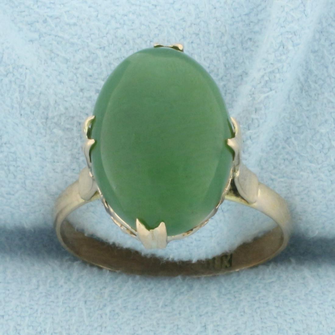 Antique Victorian Jade Ring in 18k Yellow Gold: In 18k Yellow gold with rose gold undertone. Contains a 6ct high quality natural Jade gemstone with deep green color. Size 6. Double claw setting. 3.1g.