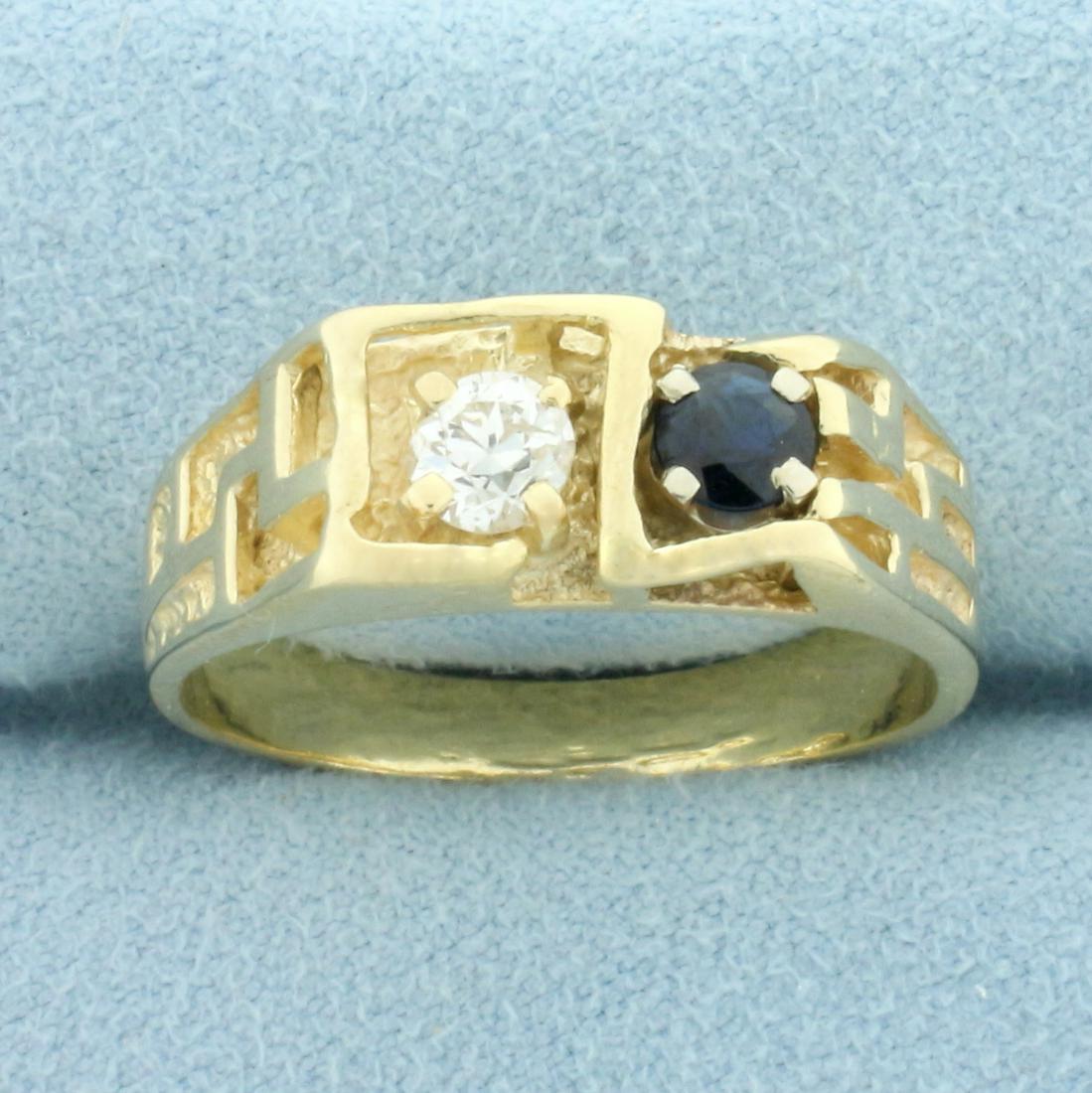 Antique Mens Sapphire And Diamond Ring in 14k Yellow Gold: In 14k yellow gold. Contains one high quality natural 1/3ct Old European Cut diamond, SI2 clarity/H color. Also contains one .3ct high quality natural sapphire with intense blue color and excellent cl