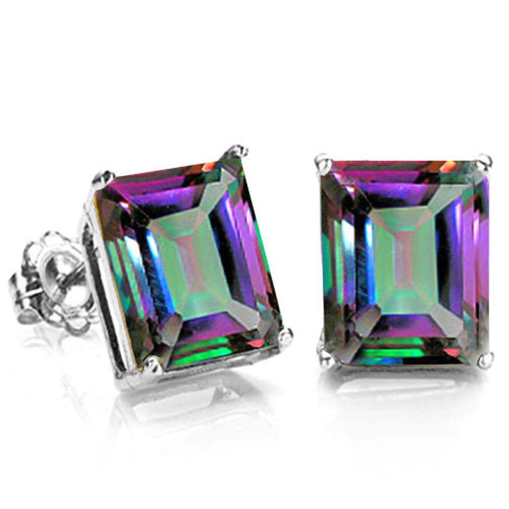 8x6MM Emerald Cut Mystic Topaz 3.4CTW Stud Earrings in Sterling Silver: In platinum over .925 sterling silver basket mountings with friction backs included. Contains 2 emerald cut mystic topaz gemstones with excellent color and clarity,approx. 3.4CTW, 8x6mm each. 1.8g