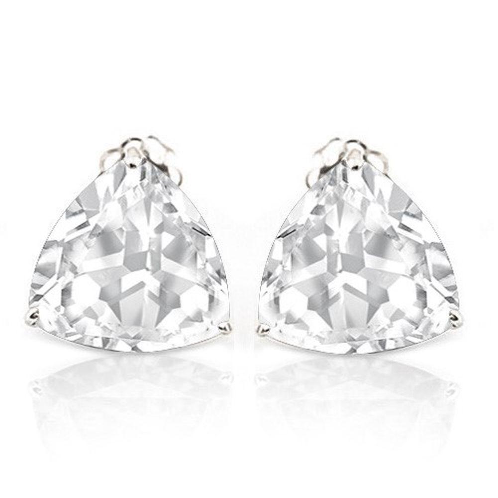 5MM Trillion Cut White Topaz 1.2CTW Stud Earrings in Sterling Silver: In platinum over .925 sterling silver basket mountings with friction backs included. Contains 2 trillion cut white topaz gemstones with bright white color and excellent clarity,approx. 1.2CTW, 5mm eac