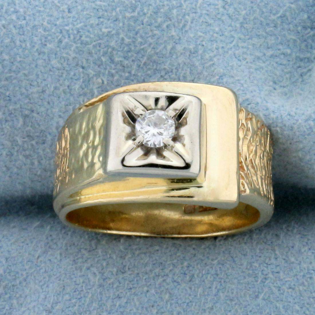 Vintage Solitaire Diamond Ring in 14K Yellow and White Gold: In 14K Yellow and White Gold. Contains one high quality .1ct Diamond, SI clarity/H color. Size 6 1/4. 5.6g.