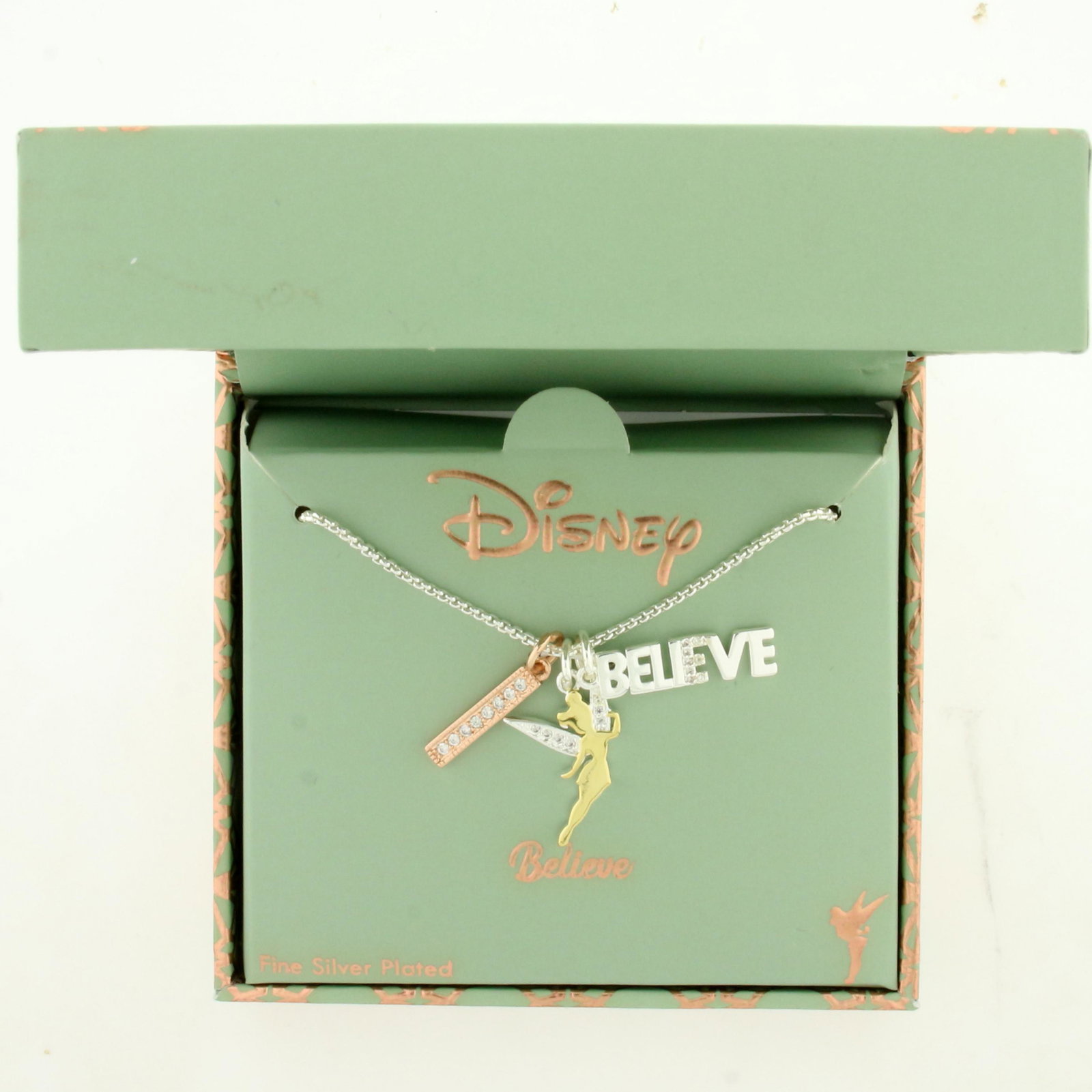 Disney Believe Tinkerbelle 3-Charm Necklace: Fine Silver Plated. Charms 3/4 inch long each. Comes in original box.