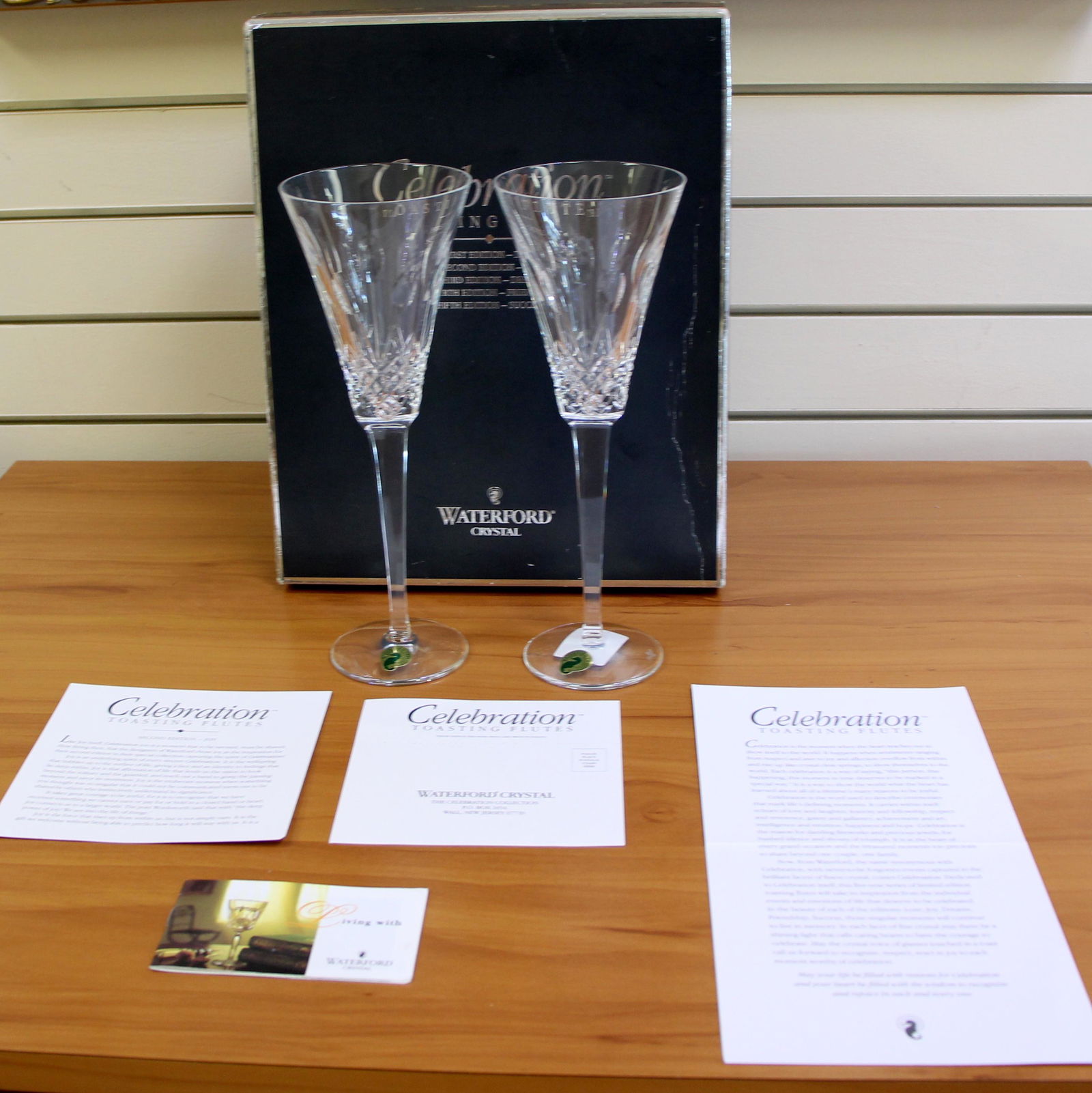 Waterford Crystal Celebration Joy Flute Pair New in Box: In lead crystal. No defects or damage. Measures 10 1/4 inches tall.