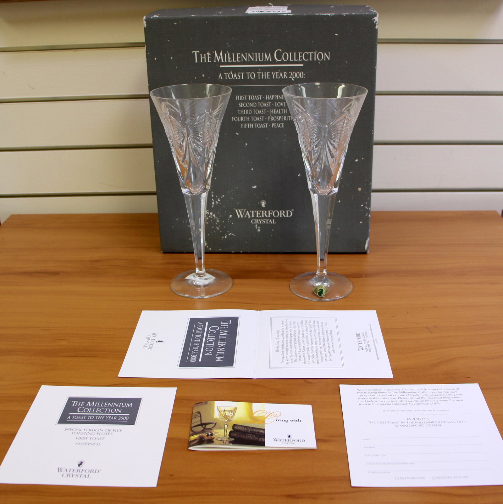 Waterford Crystal Happiness Toasting Flute Pair New in Box: In lead crystal. No defects or damage. Measures 9 1/4 inches tall.