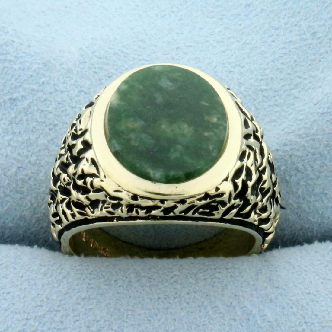 8CT Jade Solitaire Ring in 14K Yellow Gold: In 14K Yellow Gold. Contains one high quality natural 14x12mm oval Jade gemstone. Size 8. 12.1g.
