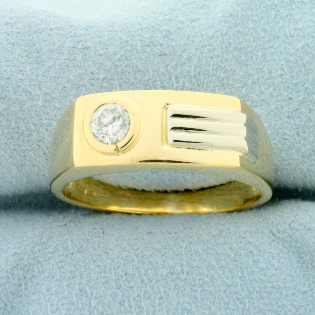 Mens 1/3ct Diamond Solitaire Ring in 18K Yellow and White Gold: In 18K Yellow and White Gold. Contains one high quality 1/3ct round brilliant diamond, VS clarity/G color. Size 11. 7.3g.