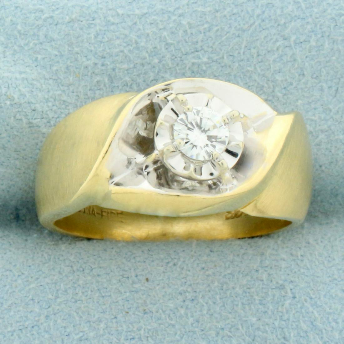 1/3ct Diamond Solitaire Ring with Illusion Setting in 14K Yellow and White Gold with Matte Finish: In 14K Yellow and White Gold. Contains one high quality 1/3ct Round Brilliant Diamond, VS clarity/H color. Unique reflective setting makes diamond look double the size. Matte finish on shank. Size 9. 