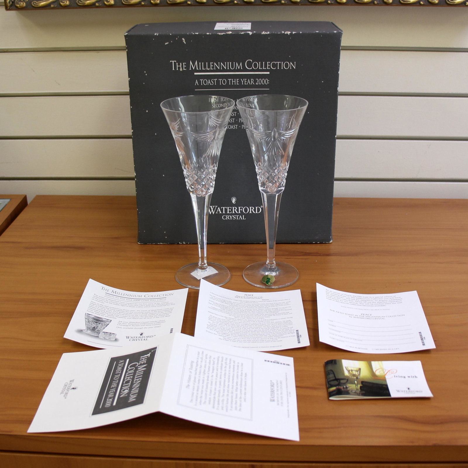 Waterford Crystal Peace Toasting Flute Pair New in Box: In lead crystal. No defects or damage. Measures 9 1/4 inches tall.