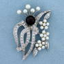 Vintage Tahitian and Akoya Pearl and Diamond Pin or Brooch in 14k White Gold