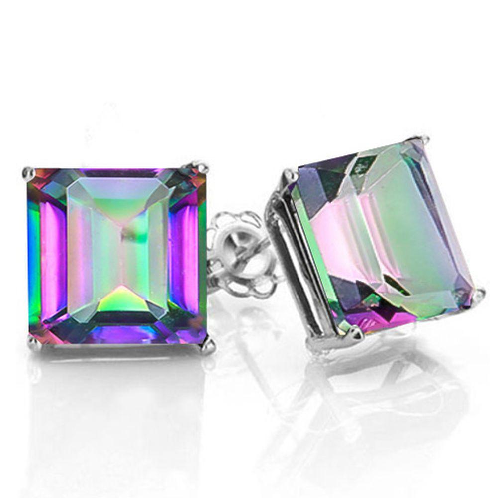 8MM Square Cut Mystic Topaz 4.5CTW Stud Earrings in Sterling Silver: In platinum over .925 sterling silver basket mountings with friction backs included. Contains 2 square cut mystic topaz gemstones with excellent color and clarity,approx. 4.5CTW, 8mm each. 2.6g