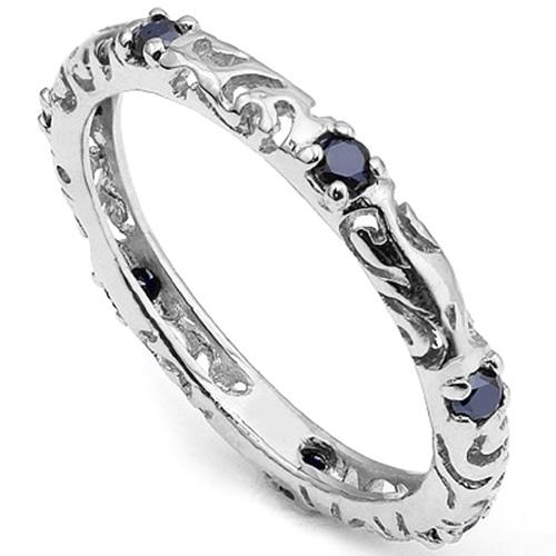 Sapphire Swirl Stackable Ring in Sterling Silver: Round cut sapphire gemstone stackable ring, 1/3ctw, deep blue color. Set in platinum over sterling silver, size 7. 1.1g