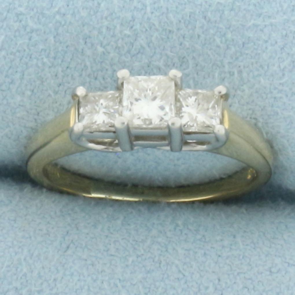 Princess Cut Diamond 3 Stone Past Present Future Wedding Ring in 14k Yellow Gold: In 14k yellow gold with platinum heads for diamonds. Center diamond is high quality .4ct princess cut,VS clarity/H color. Also contains two 1/4ct high quality princess cut diamonds of similar high qua