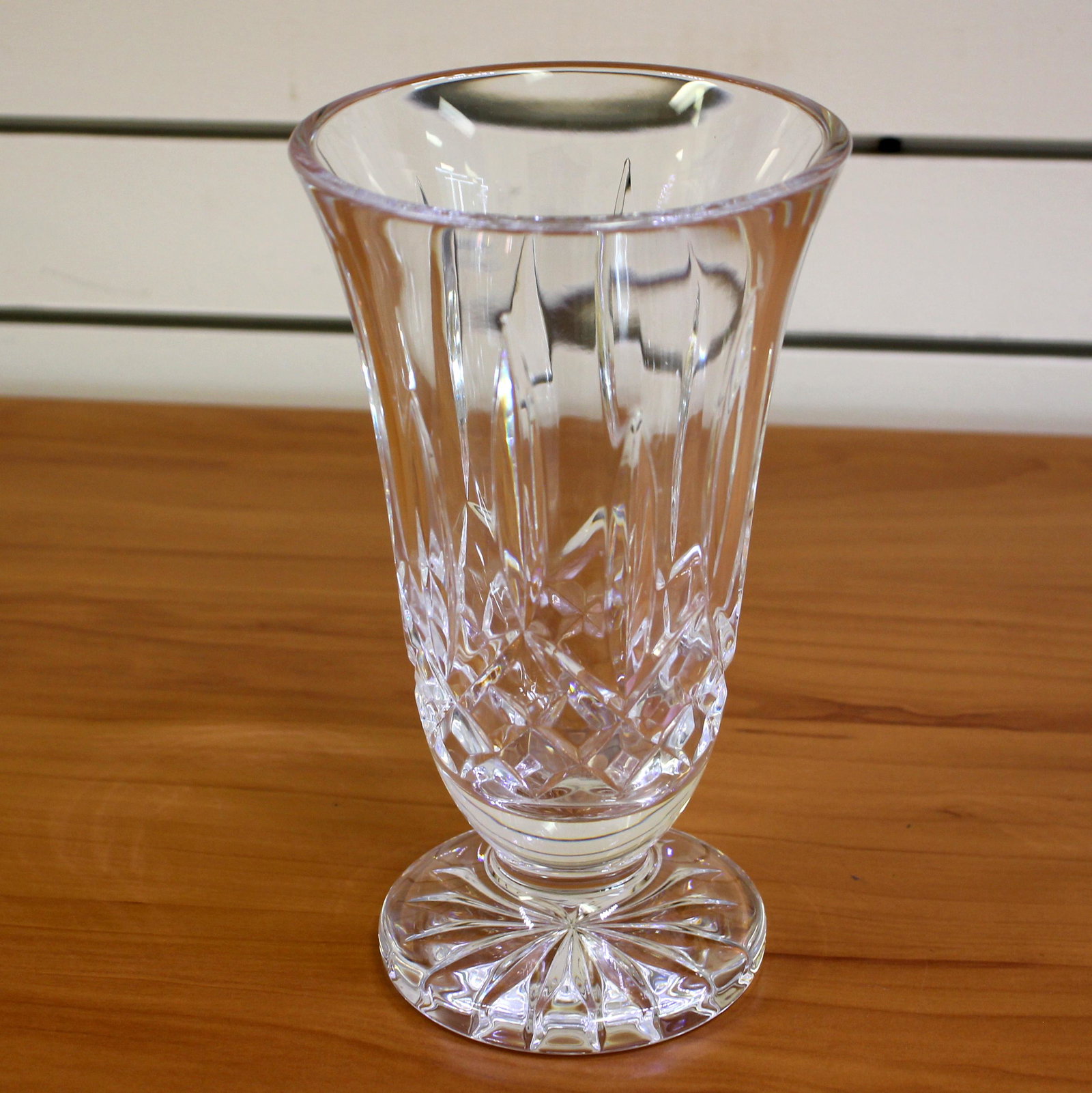 Waterford Lismore 8 inch Flower Footed Vase: 8.5 inches high, 5 inches wide. Lismore pattern. Excellent condition. Old gothic acid etched Waterford mark.