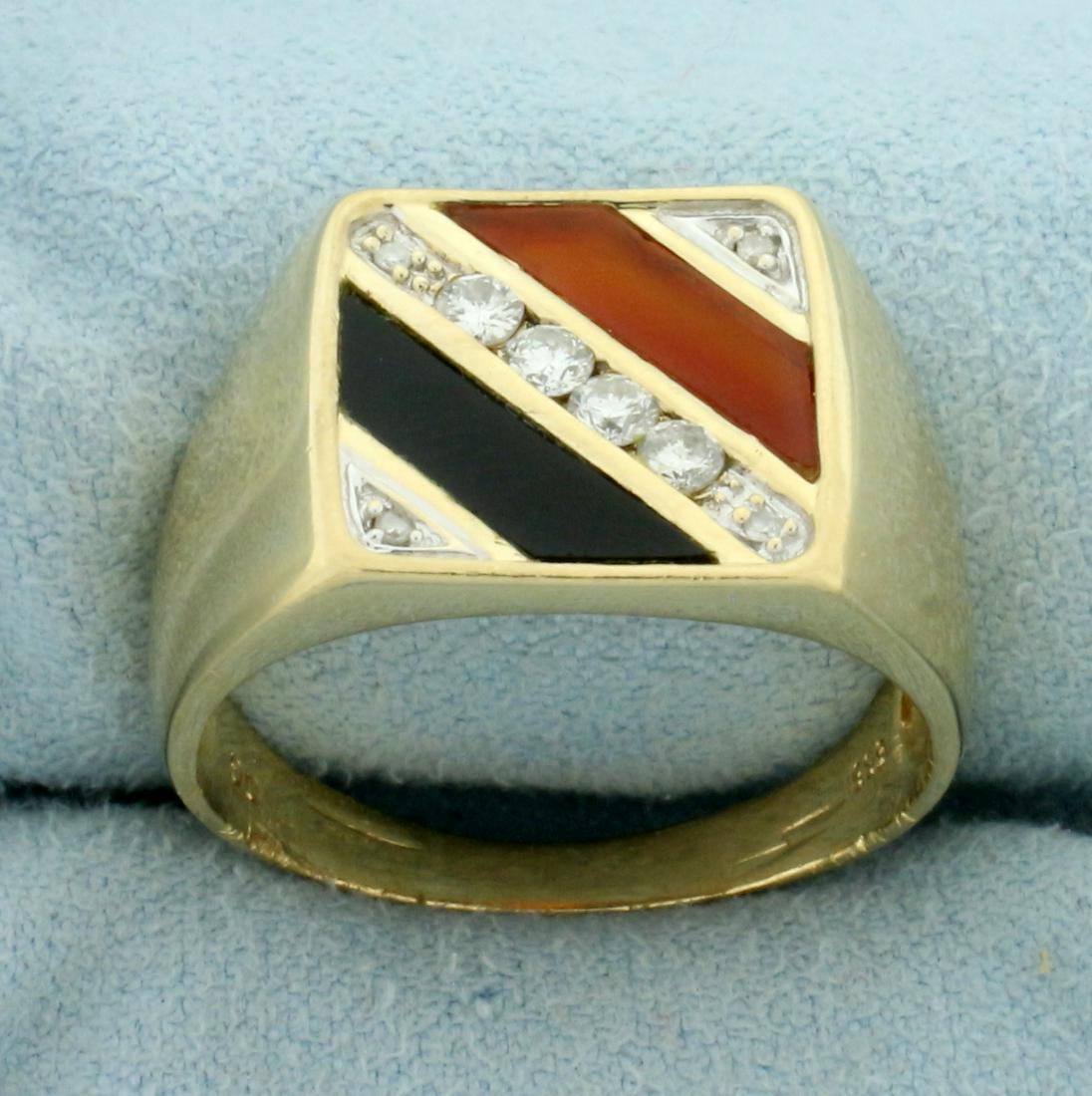 Mens Jade and Diamond Ring in 14k Yellow Gold: In 14k yellow gold with white gold accent around diamonds. Contains eight high quality diamonds, 1/4ct TW, SI clarity/G color. Also contains black and burnt orange colored jade gemstones inlaid in rin