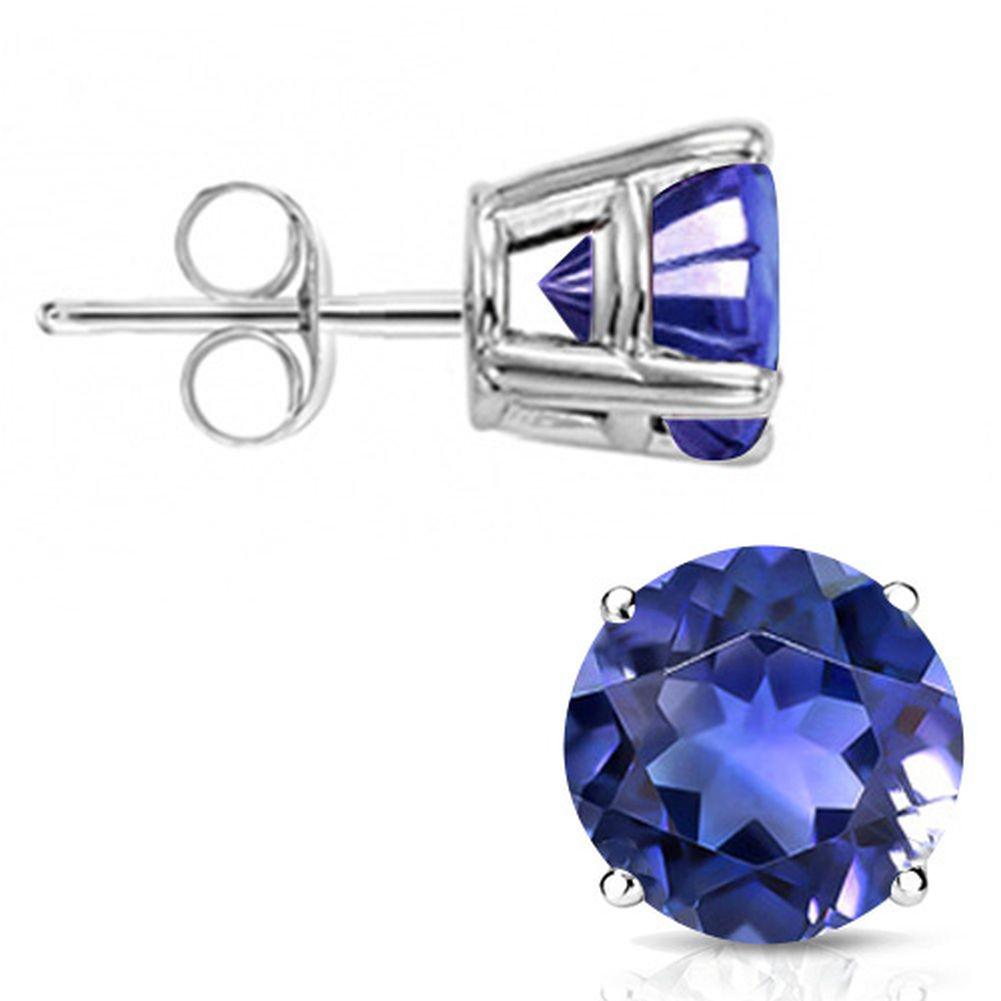 6MM Round Cut Lab Tanzanite 1.8CTW Stud Earrings in Sterling Silver: In platinum over .925 sterling silver basket mountings with friction backs included. Contains 2 round cut lab tanzanite gemstones with excellent color and clarity, approx. 1.8CTW, 6mm each. 1.6g