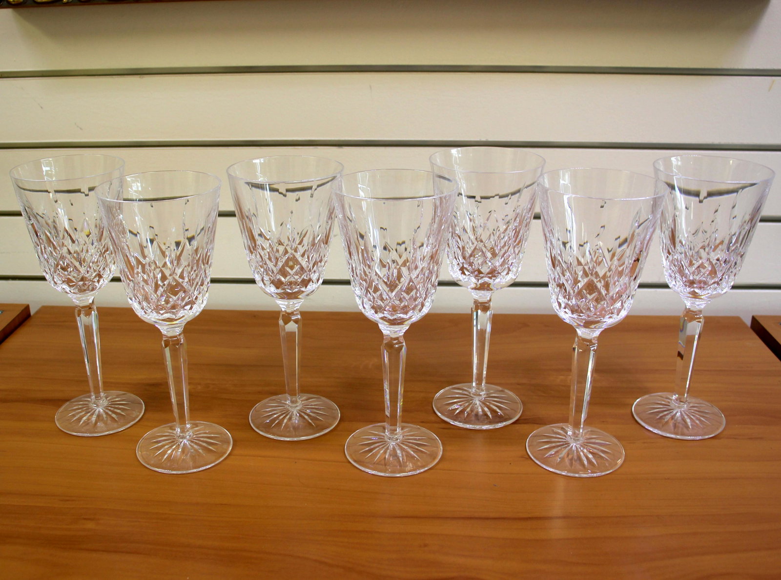 Waterford Lismore Tall Water Goblet Crystal Glasses-Set of 7: Set of 7. 8 1/4 inches high x 3 3/8 inches wide. Excellent condition. Signed with Waterford acid etch mark.