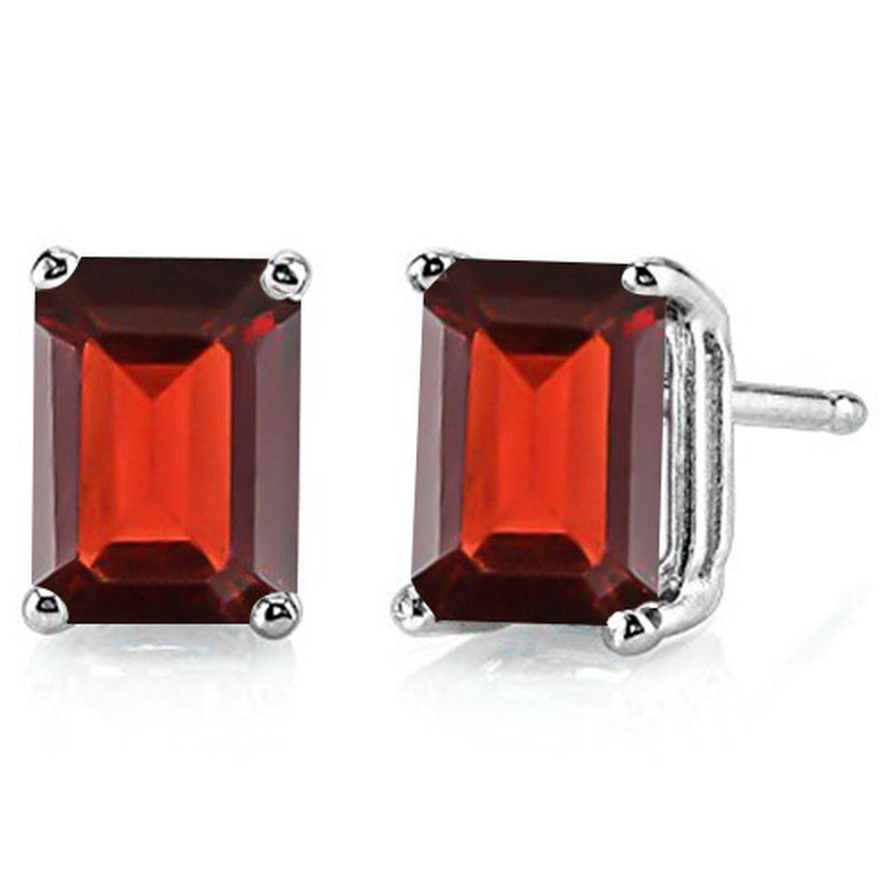 7x5MM Emerald Cut Garnet 2CTW Stud Earrings in Sterling Silver: In platinum over .925 sterling silver basket mountings with friction backs included. Contains 2 emerald cut garnet gemstones with deep color and excellent clarity,approx. 2CTW, 7x5mm each. 1.6g