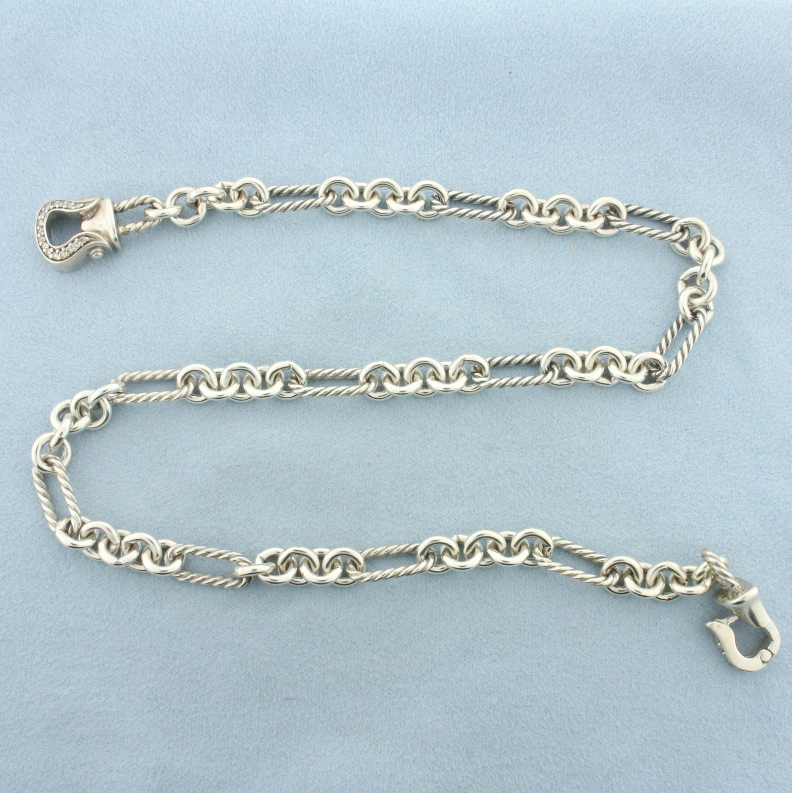 Vintage David Yurman Cable Link Diamond Buckle Clasp Necklace in 18k Gold and Sterling Silver: In 18k Gold and sterling silver. Contains twenty three 1/2pt diamonds. 18 inches long, 7.5mm wide link. Includes original baggie as shown. 45.4g