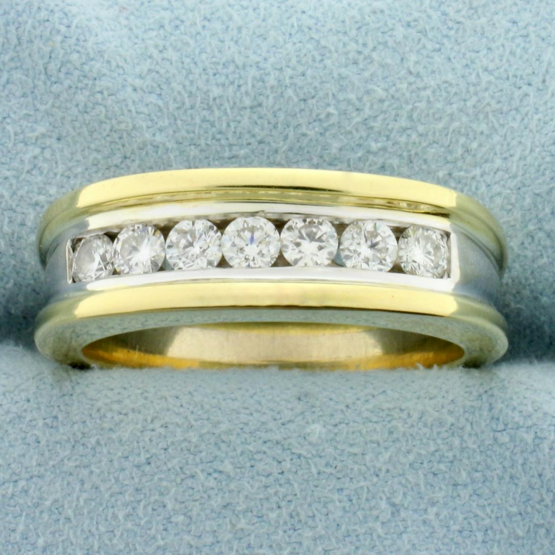 Mens Diamond Channel Set Wedding or Anniversary Ring in 18K Yellow and White Gold: In 18K Yellow and White Gold. Contains seven high quality round brilliant Diamonds, 1/2 ct TW, VS clarity/H color. Size 10. 14.7g