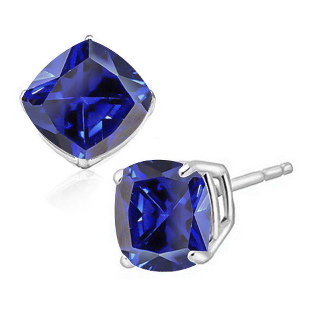 6MM Cushion Cut Lab Tanzanite 2CTW Stud Earrings in Sterling Silver: In platinum over .925 sterling silver basket mountings with friction backs included. Contains 2 cushion cut lab tanzanite gemstones with excellent color and clarity,approx. 2CTW, 6mm each. 1.6g