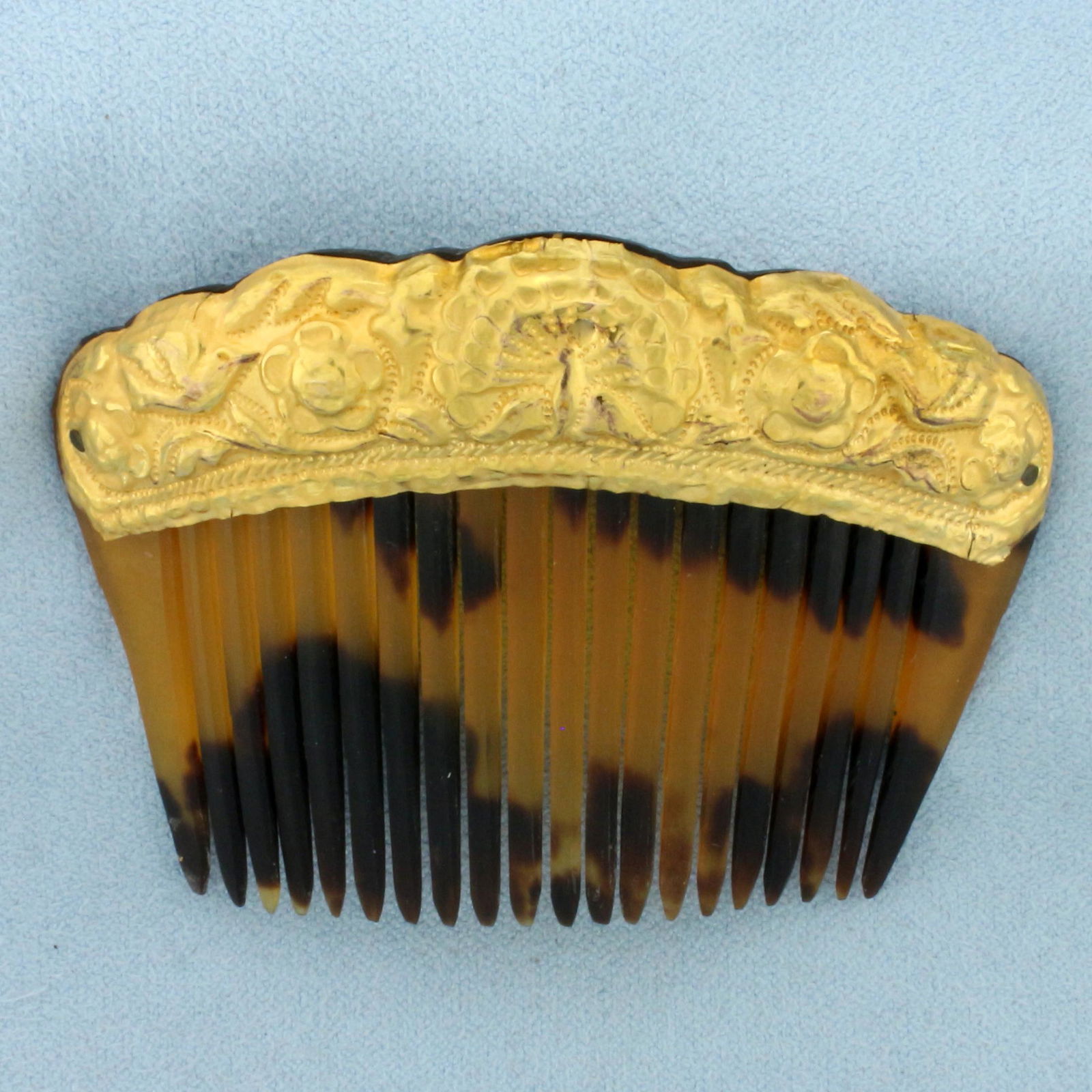 Antique Tortoise Shell Comb in 18k Yellow Gold: 18k yellow gold top. 2.75 inches x 2 inches. 10.0g.