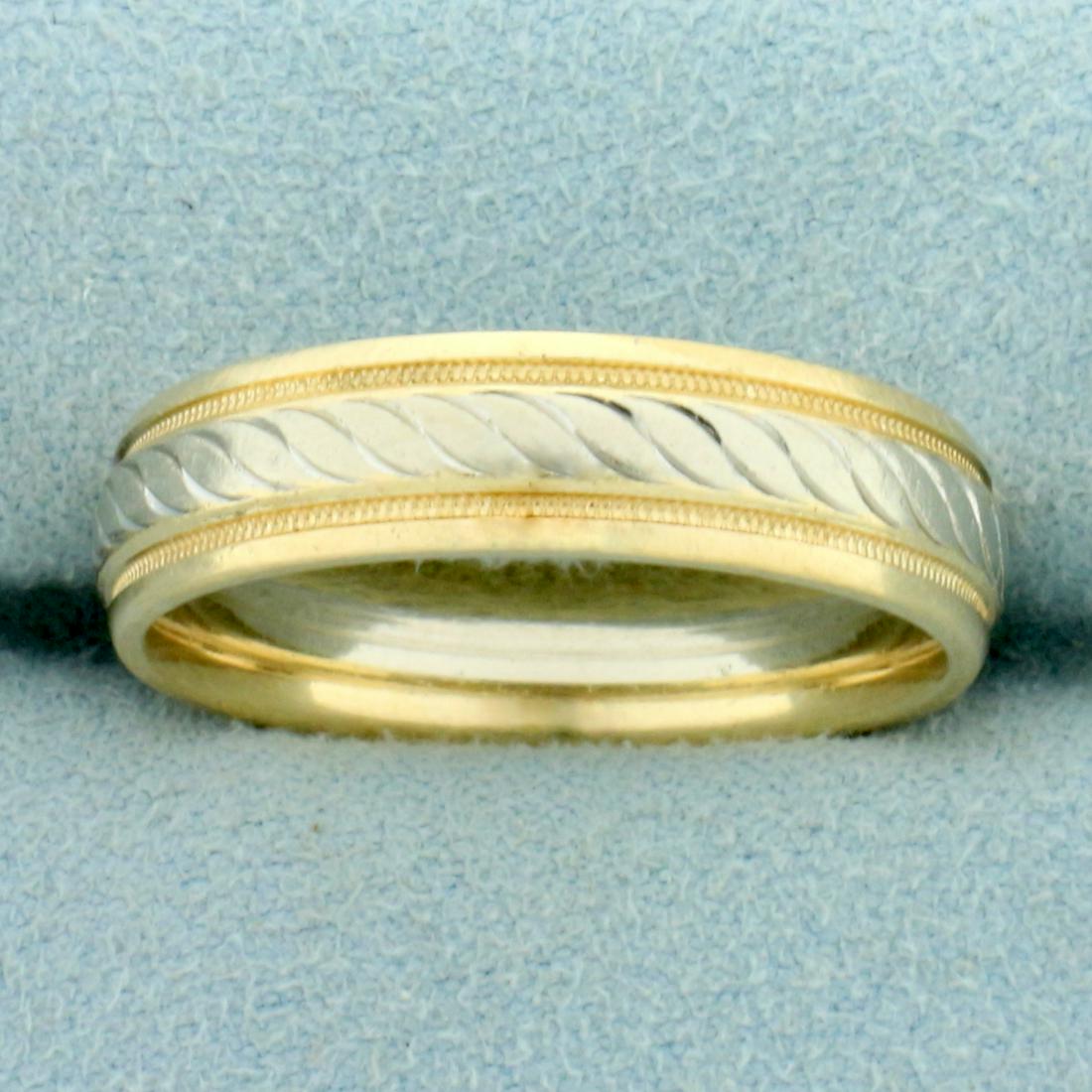 Mens Milgrain Beaded Edge Etched Two Tone Wedding Band Ring in 14k White and Yellow Gold: In 14k White and Yellow Gold. 5.9mm Wide. Size 11. 8.6g.