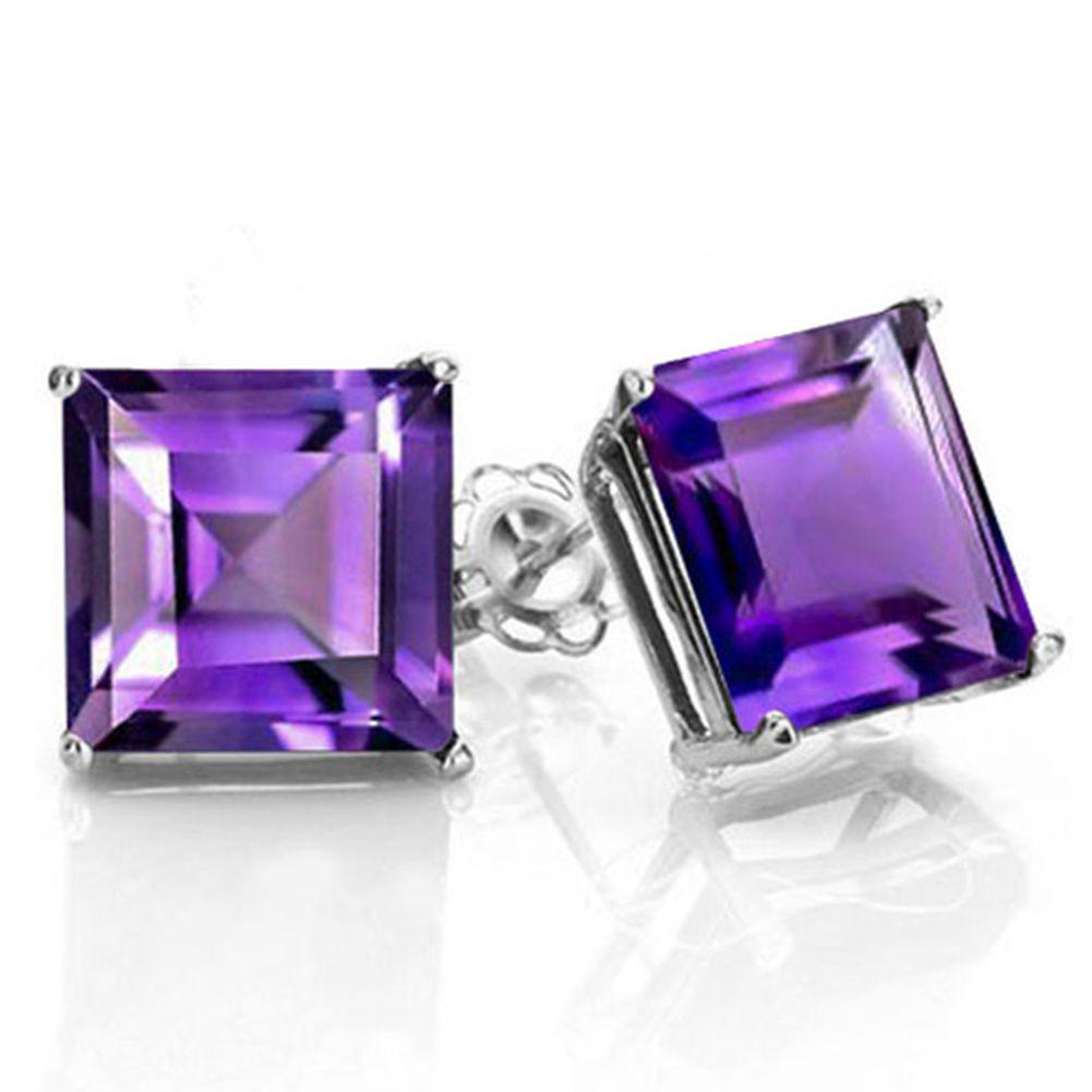 8MM Square Cut Amethyst 4.5CTW Stud Earrings in Sterling Silver: In platinum over .925 sterling silver basket mountings with friction backs included. Contains 2 square cut amethyst gemstones with excellent color and clarity,approx. 4.5CTW, 8mm each. 2.7g