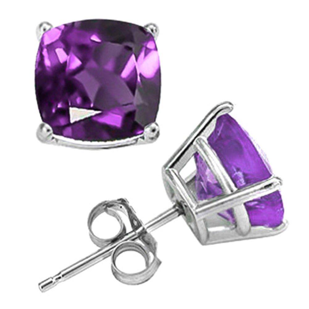 10MM Cushion Cut Amethyst 8.5CTW Stud Earrings in Sterling Silver: In platinum over .925 sterling silver basket mountings with friction backs included. Contains 2 cushion cut amethyst gemstones with excellent color and clarity, approx. 8.5CTW, 10mm each. 3.4g