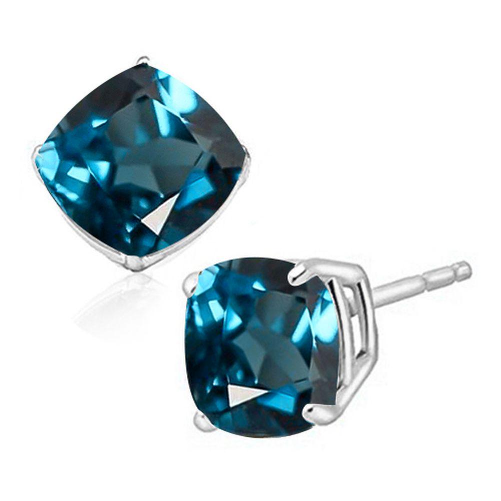 6MM Cushion Cut London Blue Topaz 2CTW Stud Earrings in Sterling Silver: In platinum over .925 sterling silver basket mountings with friction backs included. Contains 2 cushion cut London blue topaz gemstones with excellent color and clarity,approx. 2CTW, 6mm each. 1.4g