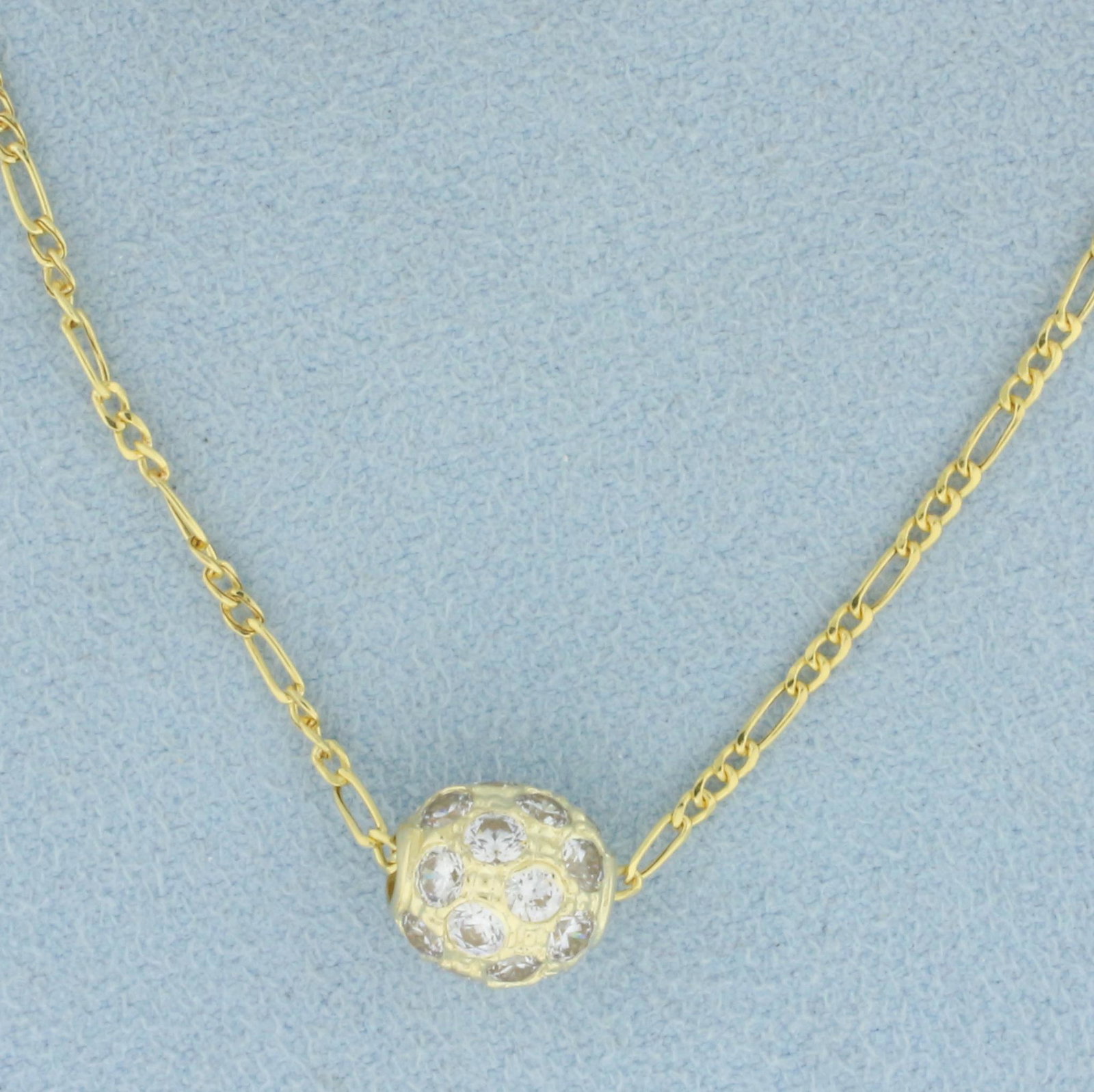 Italian Diamond Pave Ball Bead Figaro Link Chain Necklace in 14k Yellow Gold: In 14k Yellow Gold. Contains 24 high quality diamonds, 1ct TW, VS clarity/G color. Pave set into 8.2mm ball beads. 16 inch figaro link 1.4mm chain. 2.3g.