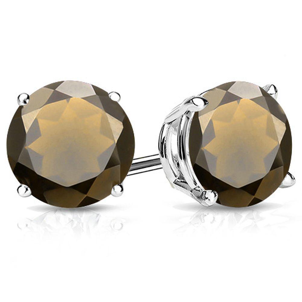 10MM Round Cut Smoky Quartz 7.9CTW Stud Earrings in Sterling Silver: In platinum over .925 sterling silver basket mountings with friction backs included. Contains 2 round cut smoky quartz gemstones with excellent color, approx. 7.9CTW, 10mm each. 3.1g
