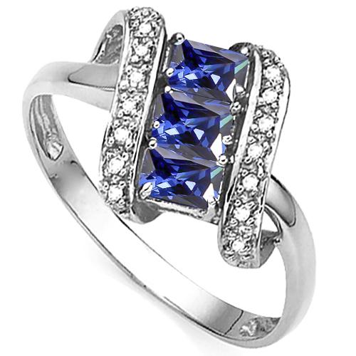Lab Tanzanite and Diamond Scroll Ring in Sterling Silver: Emerald cut lab tanzanite gemstone ring, 1.25ctw, accented with .01ctw genuine diamonds. Size 7. Set in platinum over sterling silver. 2.8g