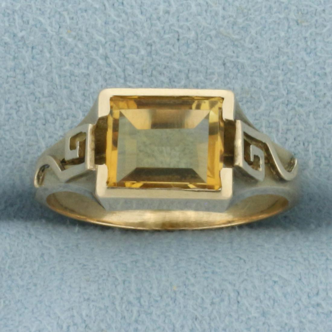 Vintage Citrine Solitaire Ring in 10k Yellow Gold: In 10k yellow gold. Contains one 7.5mm x 6.5mm high quality natural citrine gemstone, 1ct, with bright color and excellent clarity. Size: 6. 3.2g.