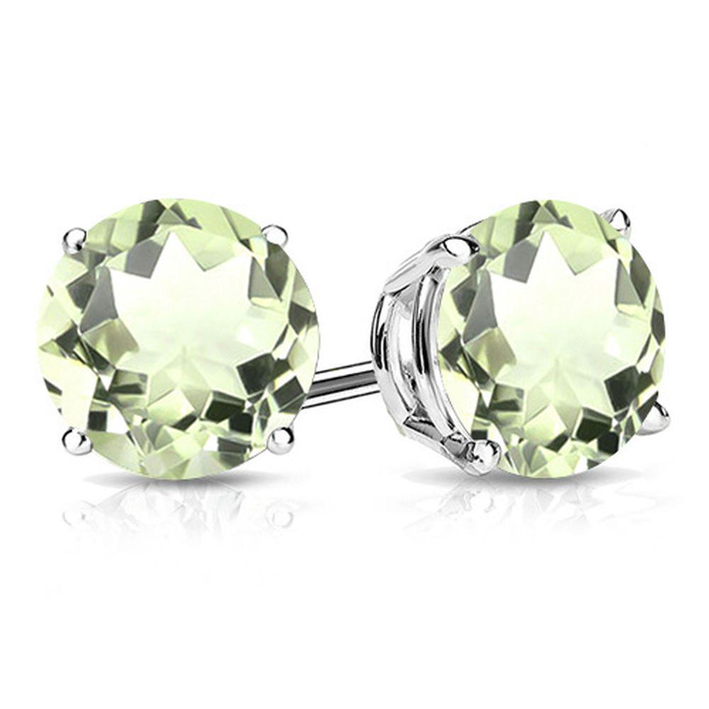 8MM Round Cut Green Amethyst 3.75CTW Stud Earrings in Sterling Silver: In platinum over .925 sterling silver basket mountings with friction backs included. Contains 2 round cut green amethyst gemstones with beautiful pale green color, approx. 3.75CTW, 8mm each. 2.3g