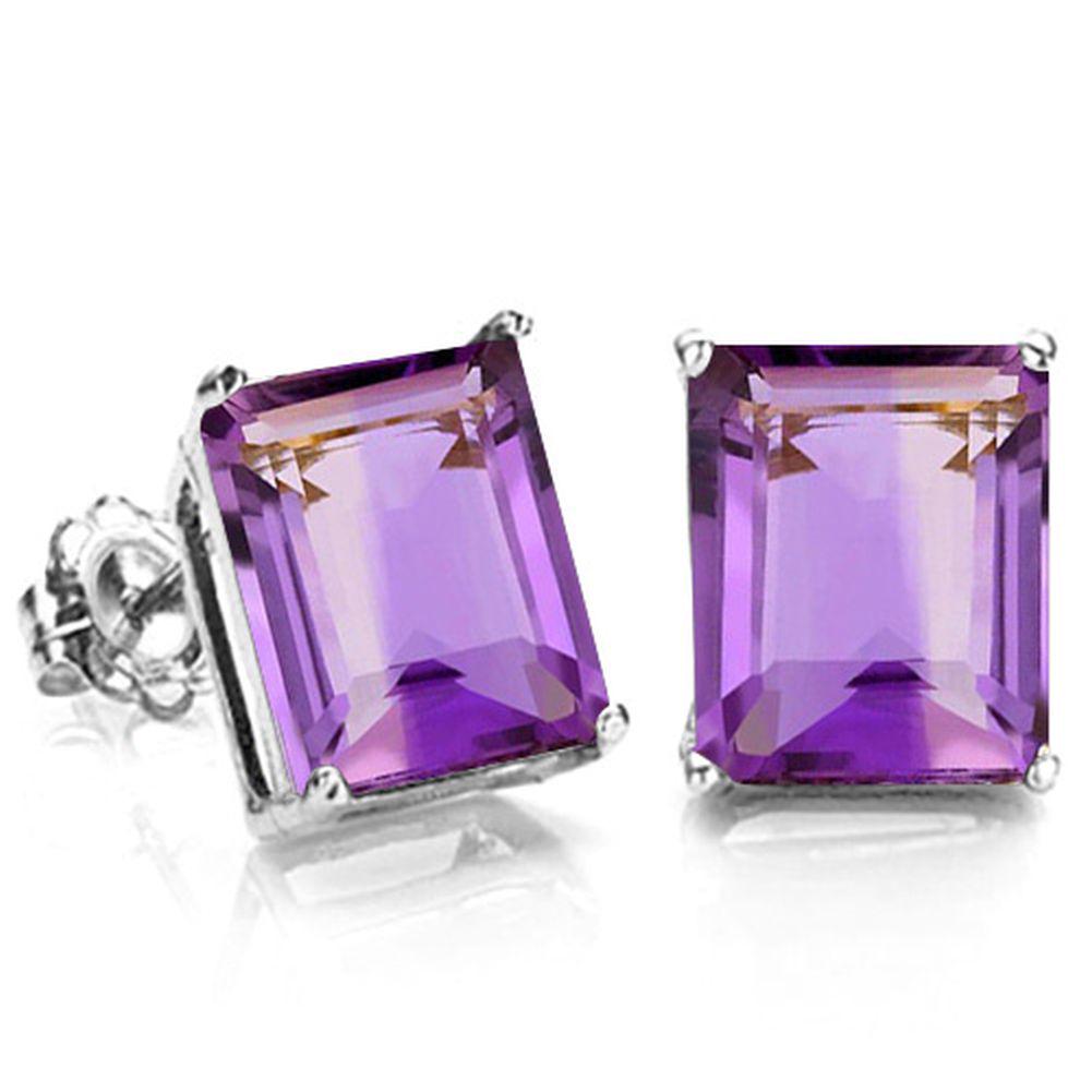 8x6MM Emerald Cut Amethyst 3.3CTW Stud Earrings in Sterling Silver: In platinum over .925 sterling silver basket mountings with friction backs included. Contains 2 emerald cut amethyst gemstones with light purple color and excellent clarity,approx. 3.3CTW, 8x6mm each.