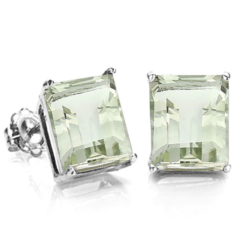 8x6MM Emerald Cut Green Amethyst 3.3CTW Stud Earrings in Sterling Silver: In platinum over .925 sterling silver basket mountings with friction backs included. Contains 2 emerald cut green amethyst gemstones with pale green color and excellent clarity, approx. 3.3CTW, 8x6mm