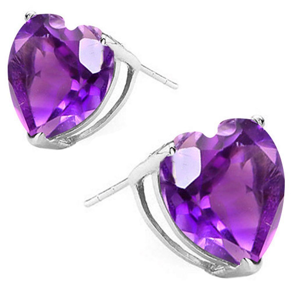 10MM Heart Cut Amethyst 7.5CTW Stud Earrings in Sterling Silver: In platinum over .925 sterling silver basket mountings with friction backs included. Contains 2 heart cut amethyst gemstones with excellent color and clarity,approx. 7.5CTW, 10mm each. 3.1g