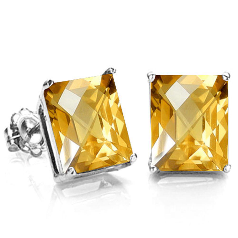 8x6MM Emerald Cut Citrine 3.3CTW Stud Earrings in Sterling Silver: In platinum over .925 sterling silver basket mountings with friction backs included. Contains 2 emerald cut citrine gemstones with light golden lemon color, approx. 3.3CTW, 8x6mm each. 1.8g