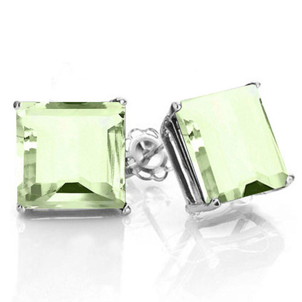 8MM Square Cut Green Amethyst 4.5CTW Stud Earrings in Sterling Silver: In platinum over .925 sterling silver basket mountings with friction backs included. Contains 2 square cut green amethyst gemstones with pale green color and clarity,approx. 4.5CTW, 8mm each. 2.6g