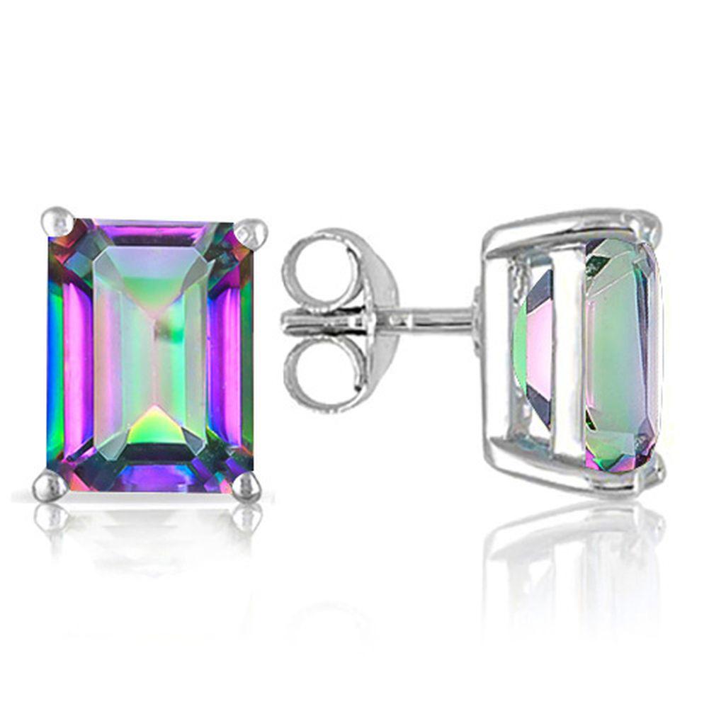 6X4MM Emerald Cut Mystic Topaz 1.3CTW Stud Earrings in Sterling Silver: In platinum over .925 sterling silver basket mountings with friction backs included. Contains 2 emerald cut mystic topaz gemstones with excellent color and clarity, approx.1.3CTW, 6x4mm each. 1.0g