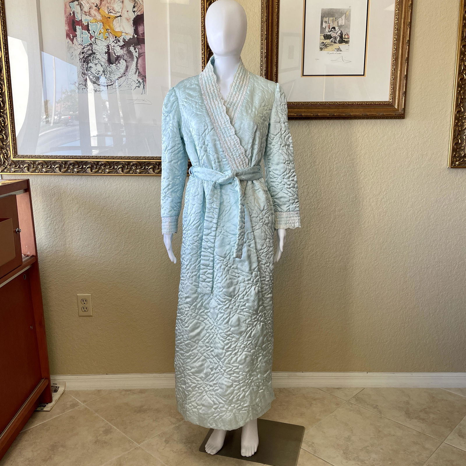 Christian Dior Vintage Loungewear Quilted Blue Satin And Lace Robe