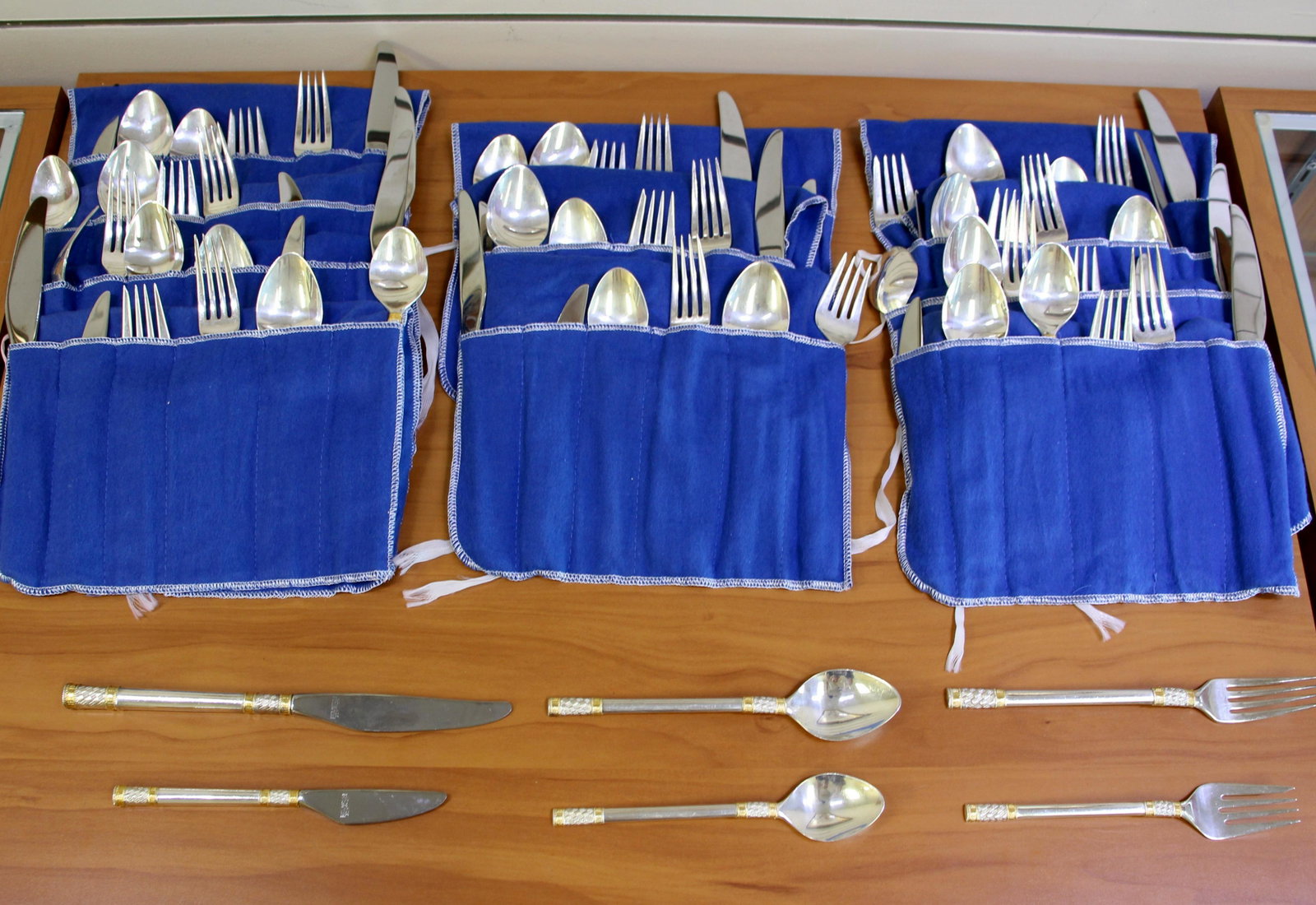 Wallace Golden Aegean Weave Sterling Silver Flatware 72 Piece Set: In sterling silver. Great condition, no monograms. Set includes: 12 eight inch forks, 12 7seven inch salad forks, 12 six and a half inch teaspoons, 12 seven and one forth inch dessert oval soup spoons