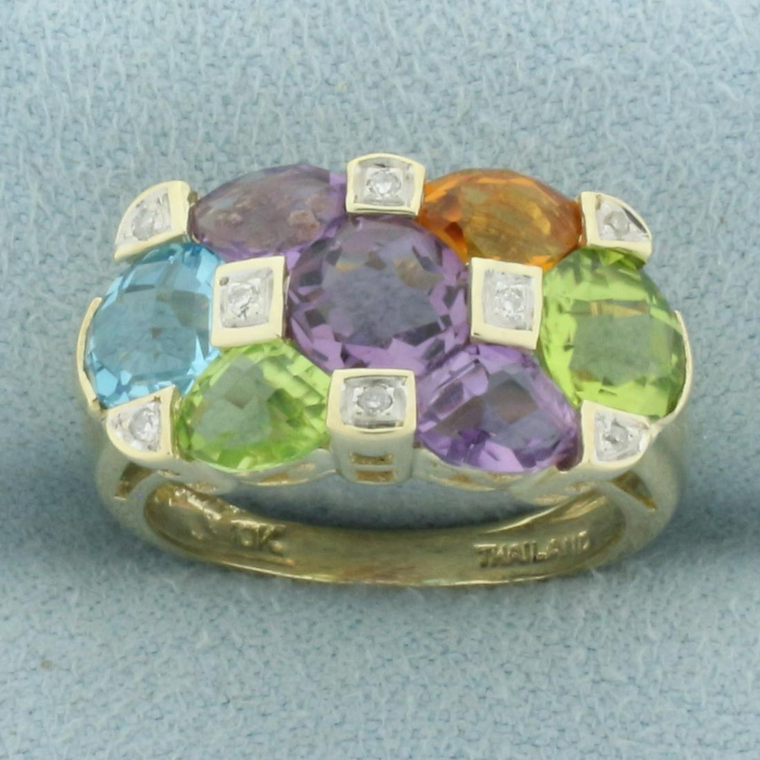 Checkerboard Cut Multi Gemstone Quilt Design Ring in 10k Yellow Gold: In 10k yellow gold. Contains unique high quality natural checkerboard cut amethyst, peridot, citrine, and blue topaz gemstones, 4.5ct TW, with vibrant color and excellent clarity Also contains eight 1