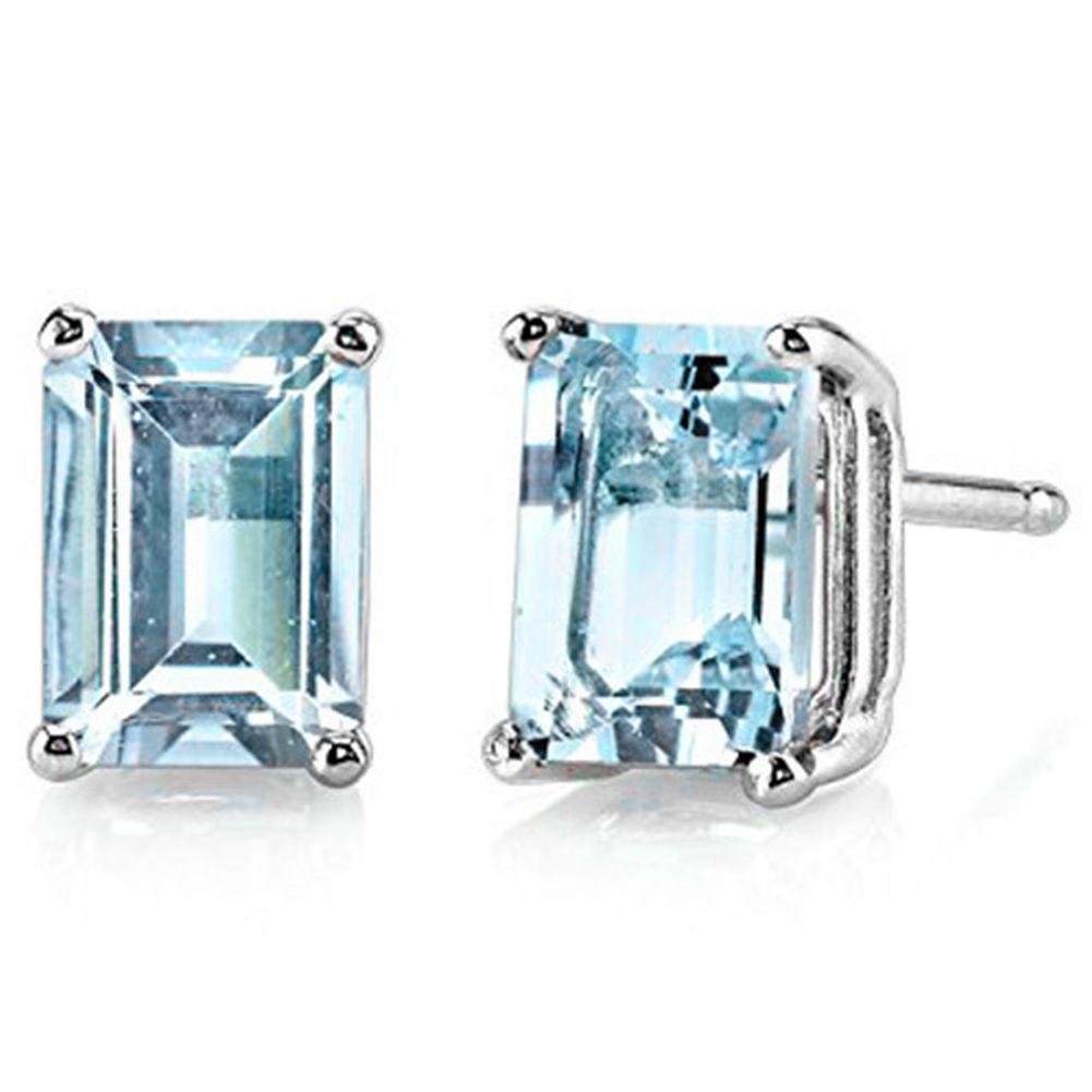7x5MM Emerald Cut Sky Blue Topaz 2CTW Stud Earrings in Sterling Silver: In platinum over .925 sterling silver basket mountings with friction backs included. Contains 2 emerald cut sky blue topaz gemstones with excellent color and clarity, approx. 2CTW, 7x5mm each. 1.5g