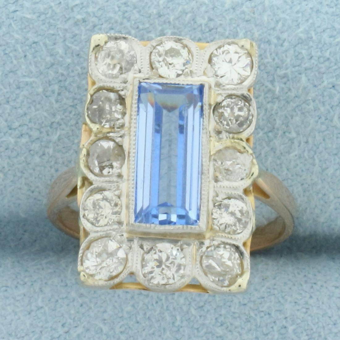 Antique Spinel And Old Mine Cut Diamond Edwardian Era Ring in 14k Yellow Gold: In 14k yellow gold with rose undertone. Edwardian antique ring, milgrain detail. Contains one high quality natural spinel gemstone with pastel blue color and excellent clarity, 10mmx5mm, approximately