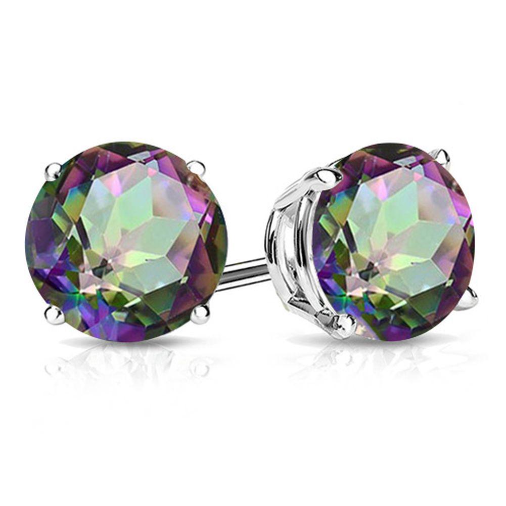 8MM Round Cut Mystic Topaz 3.8CTW Stud Earrings in Sterling Silver: In platinum over .925 sterling silver basket mountings with friction backs included. Contains 2 round cut mystic topaz gemstones with excellent color, approx. 3.8CTW, 8mm each. 2.2g