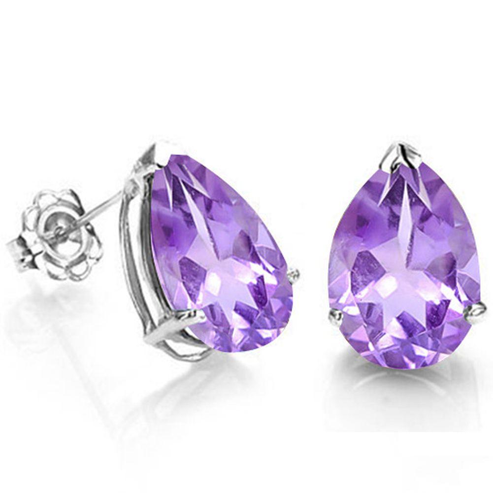 7x5MM Pear Cut Amethyst 1.85CTW Stud Earrings in Sterling Silver: In platinum over .925 sterling silver basket mountings with friction backs included. Contains 2 pear cut amethyst gemstones with light lavendar purple color and clarity, approx. 1.85CTW, 7x5mm each. 1