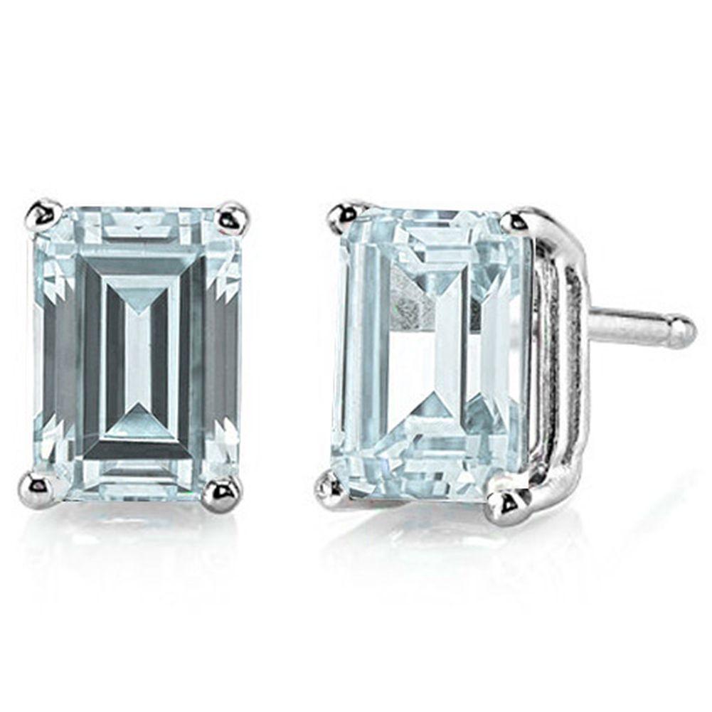7x5MM Emerald Cut Aquamarine 1.85CTW Stud Earrings in Sterling Silver: In platinum over .925 sterling silver basket mountings with friction backs included. Contains 2 emerald cut aquamarine gemstones with excellent light color and clarity, approx. 1.85CTW, 7x5mm each. 1.